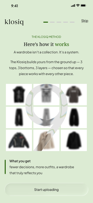 Klosiq 9 Method Onboarding Screen